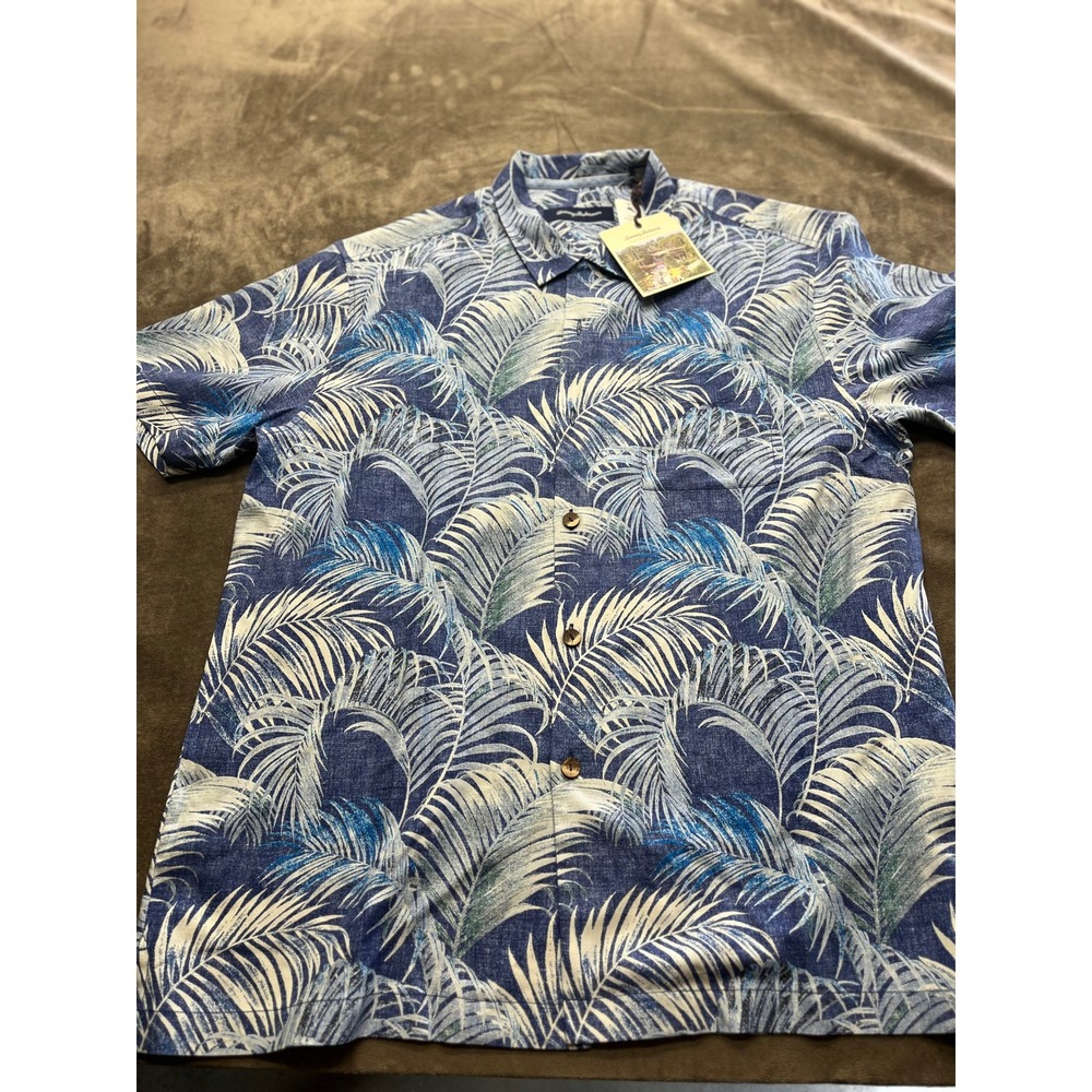 Tommy Bahama Mens Silk Camp Shirt Garden Of Hope And Courage Blue Palm Print L